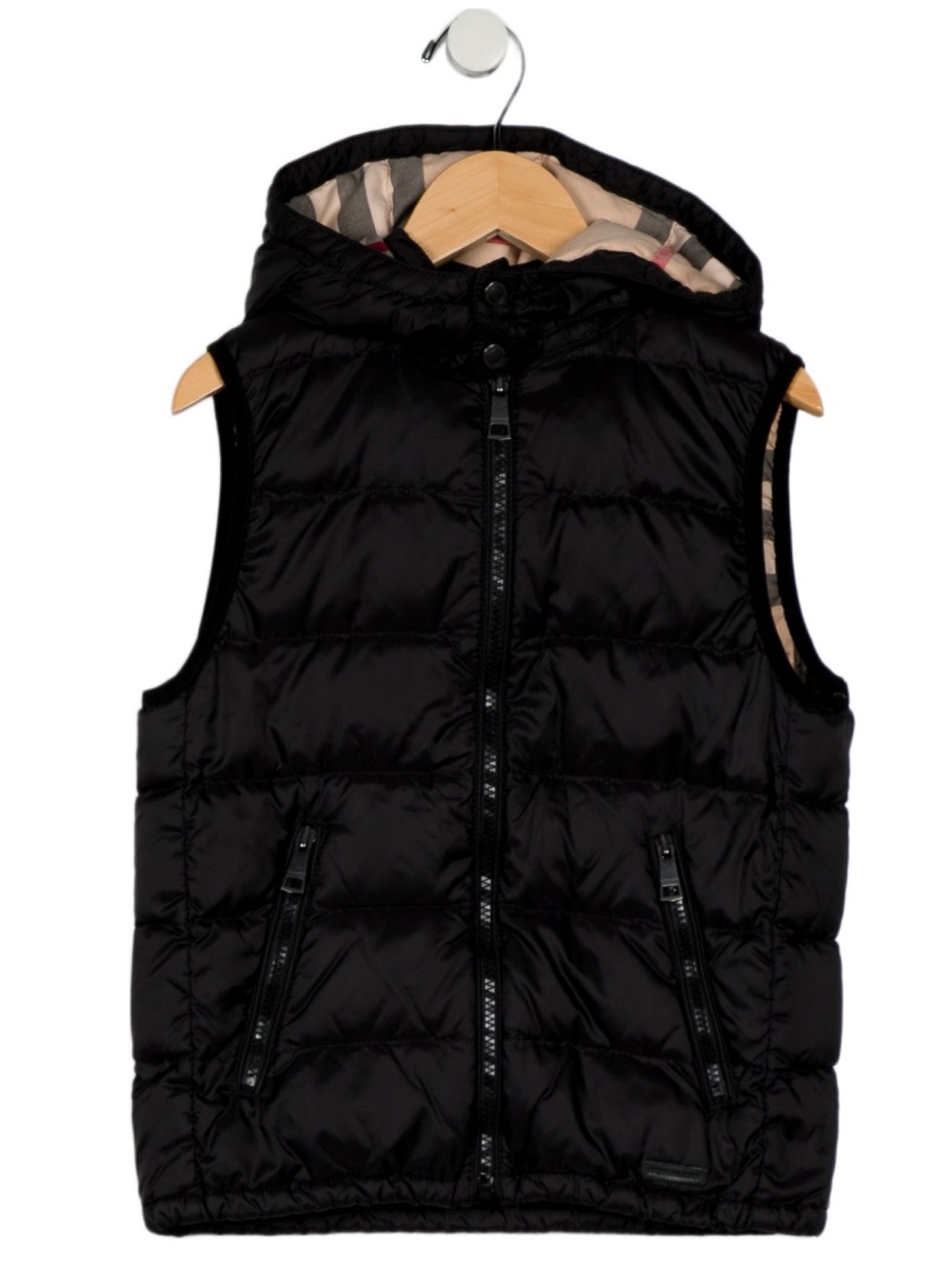 BURBERRY Kids Black Zip-up Down Puffer Vest w/ Hood and Signature Check Lining 8